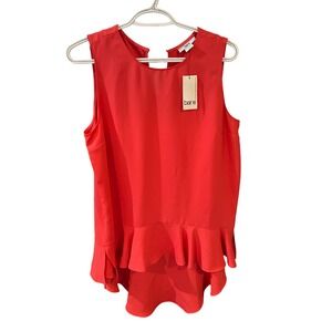 Bar III Ruffle Hem Sleeveless Blouse Hi-Lo Top Coral Red Career Casual‎ Size L